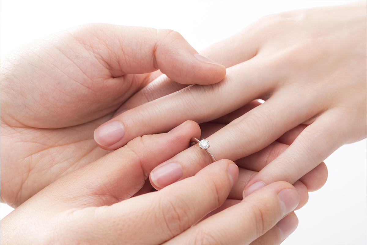 パートナーに婚約指輪を着けてもらっている画像など